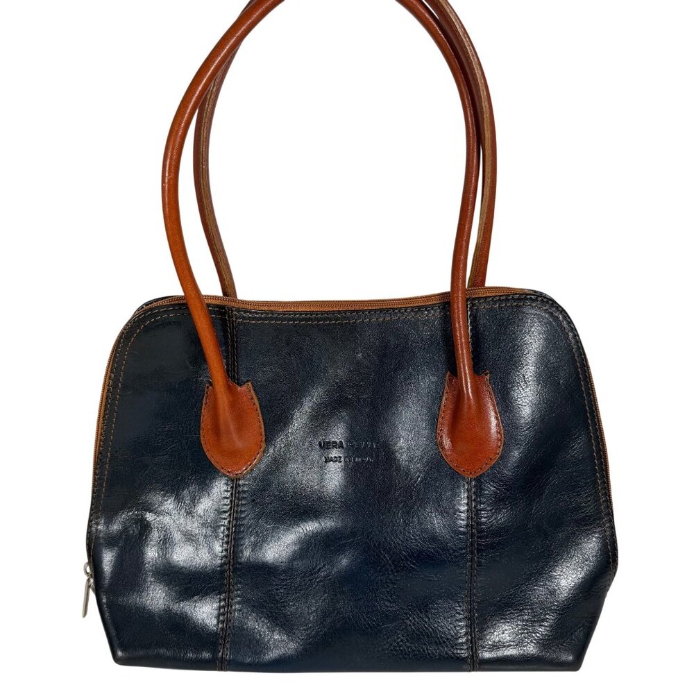 VERA PELLE Navy Blue / Tan Leather Satchel Shoulder Bag, Made in Italy